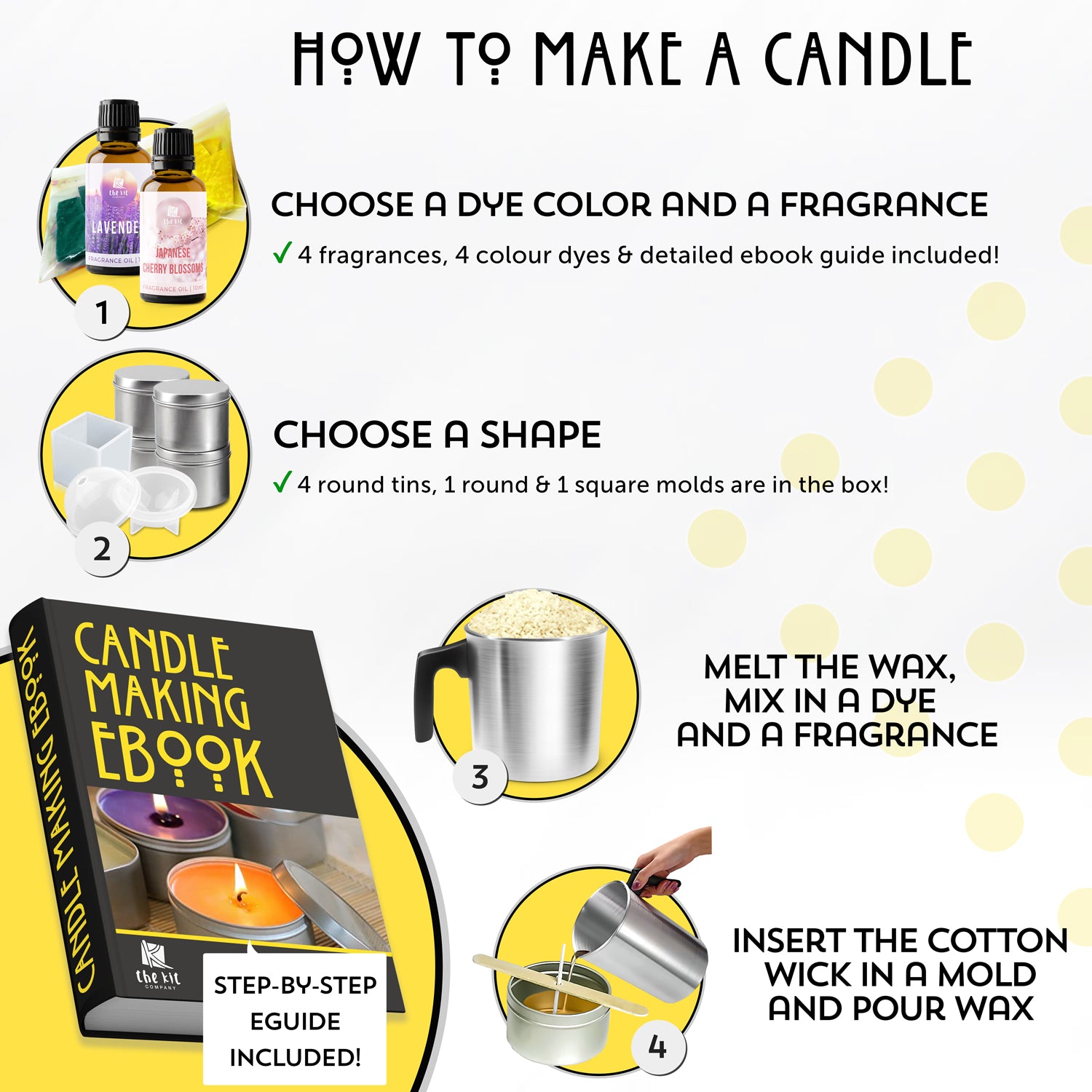 The Kit Company™ Kit de fabricación de velas – Juego de cera y accesorios  para hacer velas perfumadas – Kit de cera de soja de vela de color fácil de